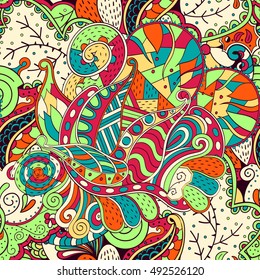 Tracery seamless calming pattern. Mehndi design. Ethnic colorful doodle texture. Curved doodling background. Vector.