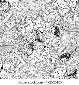 Tracery seamless calming pattern. Mehndi design. Ethnic monochrome binary doodle texture. Curved doodling black and white background. Vector.