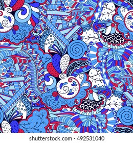 Tracery seamless calming pattern. Mehndi design. Ethnic colorful doodle texture. Curved doodling background. Vector.