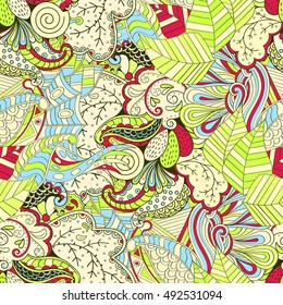 Tracery seamless calming pattern. Mehndi design. Ethnic colorful doodle texture. Curved doodling background. Vector.