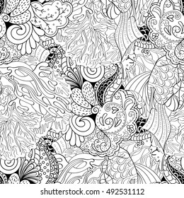Tracery seamless calming pattern. Mehndi design. Ethnic monochrome binary doodle texture. Curved doodling black and white background. Vector.