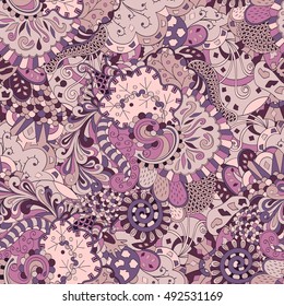 Tracery seamless calming pattern. Mehndi design. Ethnic colorful doodle texture. Curved doodling background. Vector.