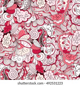 Tracery seamless calming pattern. Mehndi design. Ethnic colorful doodle texture. Curved doodling background. Vector.