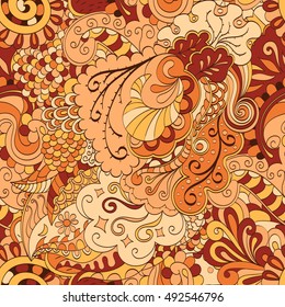 Tracery seamless calming pattern. Mehndi design. Ethnic colorful doodle texture. Curved doodling background. Vector.