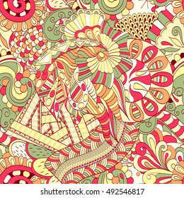 Tracery seamless calming pattern. Mehndi design. Ethnic colorful doodle texture. Curved doodling background. Vector.