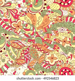 Tracery seamless calming pattern. Mehndi design. Ethnic colorful doodle texture. Curved doodling background. Vector.