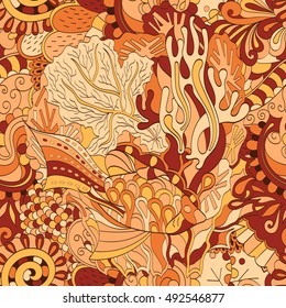 Tracery seamless calming pattern. Mehndi design. Ethnic colorful doodle texture. Curved doodling background. Vector.