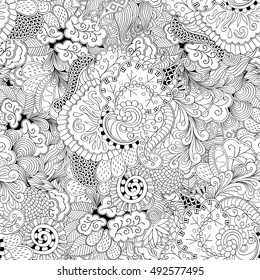 Tracery seamless calming pattern. Mehndi design. Ethnic monochrome binary doodle texture. Curved doodling black and white background. Vector.