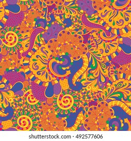 Tracery seamless calming pattern. Mehndi design. Ethnic colorful doodle texture. Curved doodling background. Vector.