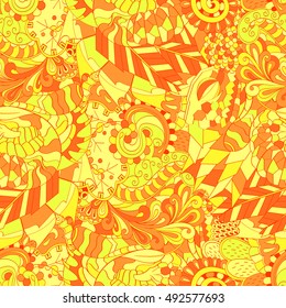 Tracery seamless calming pattern. Mehndi design. Ethnic colorful doodle texture. Curved doodling background. Vector.