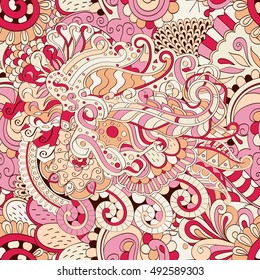 Tracery seamless calming pattern. Mehndi design. Ethnic colorful doodle texture. Curved doodling background. Vector.