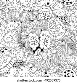 Tracery seamless calming pattern. Mehndi design. Ethnic monochrome binary doodle texture. Curved doodling black and white background. Vector.