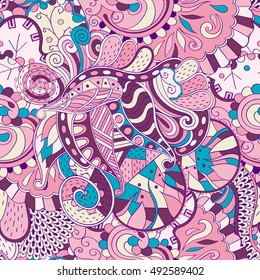 Tracery seamless calming pattern. Mehndi design. Ethnic colorful doodle texture. Curved doodling background. Vector.