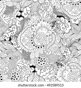 Tracery seamless calming pattern. Mehndi design. Ethnic monochrome binary doodle texture. Curved doodling black and white background. Vector.