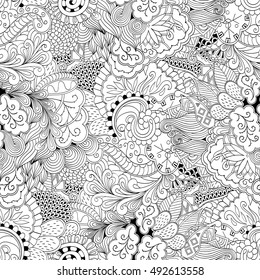 Tracery seamless calming pattern. Mehndi design. Ethnic monochrome binary doodle texture. Curved doodling black and white background. Vector.