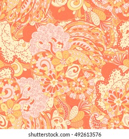 Tracery seamless calming pattern. Mehndi design. Ethnic colorful doodle texture. Curved doodling background. Vector.