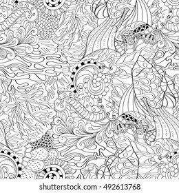 Tracery seamless calming pattern. Mehndi design. Ethnic monochrome binary doodle texture. Curved doodling black and white background. Vector.