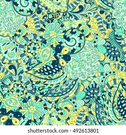 Tracery seamless calming pattern. Mehndi design. Ethnic colorful doodle texture. Curved doodling background. Vector.