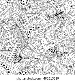 Tracery seamless calming pattern. Mehndi design. Ethnic monochrome binary doodle texture. Curved doodling black and white background. Vector.