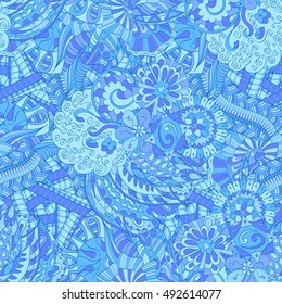 Tracery seamless calming pattern. Mehndi design. Ethnic colorful doodle texture. Curved doodling background. Vector.