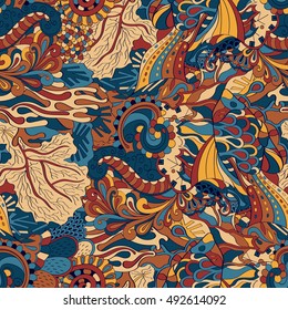 Tracery seamless calming pattern. Mehndi design. Ethnic colorful doodle texture. Curved doodling background. Vector.