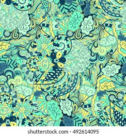 Tracery seamless calming pattern. Mehndi design. Ethnic colorful doodle texture. Curved doodling background. Vector.