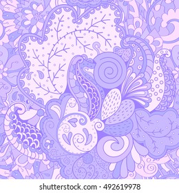 Tracery seamless calming pattern. Mehndi design. Ethnic colorful doodle texture. Curved doodling background. Vector.