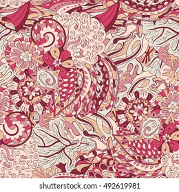 Tracery seamless calming pattern. Mehndi design. Ethnic colorful doodle texture. Curved doodling background. Vector.