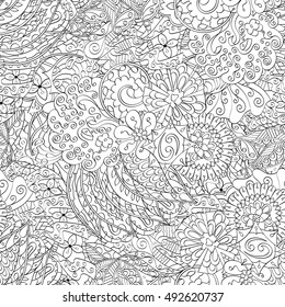 Tracery seamless calming pattern. Mehndi design. Ethnic monochrome binary doodle texture. Curved doodling black and white background. Vector.