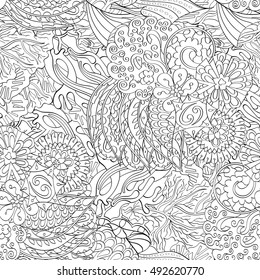 Tracery seamless calming pattern. Mehndi design. Ethnic monochrome binary doodle texture. Curved doodling black and white background. Vector.
