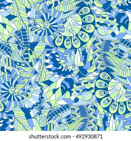 Tracery seamless calming pattern. Mehndi design. Ethnic colorful doodle texture. Curved doodling background. Vector.