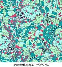 Tracery seamless calming pattern. Mehndi design. Ethnic colorful doodle texture. Curved doodling background. Vector.
