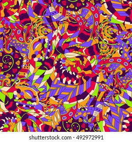 Tracery seamless calming pattern. Mehndi design. Ethnic colorful doodle texture. Curved doodling background. Vector.