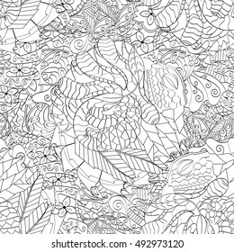 Tracery seamless calming pattern. Mehndi design. Ethnic monochrome binary doodle texture. Curved doodling black and white background. Vector.