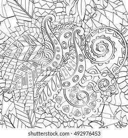Tracery seamless calming pattern. Mehndi design. Ethnic monochrome binary doodle texture. Curved doodling black and white background. Vector.