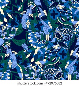 Tracery seamless calming pattern. Mehndi design. Ethnic colorful doodle texture. Curved doodling background. Vector.