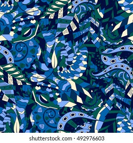 Tracery seamless calming pattern. Mehndi design. Ethnic colorful doodle texture. Curved doodling background. Vector.