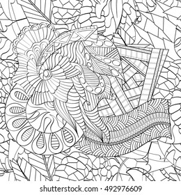 Tracery seamless calming pattern. Mehndi design. Ethnic monochrome binary doodle texture. Curved doodling black and white background. Vector.