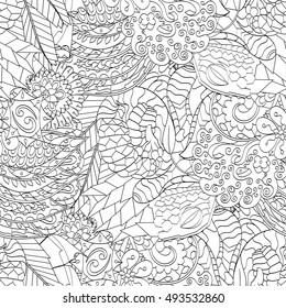Tracery seamless calming pattern. Mehndi design. Ethnic monochrome binary doodle texture. Curved doodling black and white background. Vector.