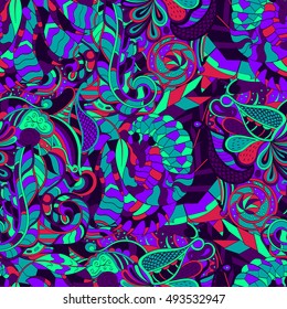Tracery seamless calming pattern. Mehndi design. Ethnic colorful doodle texture. Curved doodling background. Vector.
