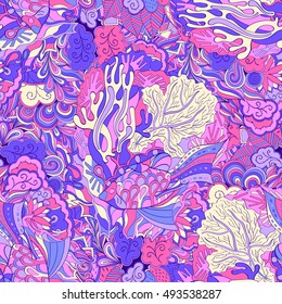 Tracery seamless calming pattern. Mehndi design. Ethnic colorful doodle texture. Curved doodling background. Vector.