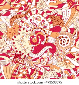 Tracery seamless calming pattern. Mehndi design. Ethnic colorful doodle texture. Curved doodling background. Vector.