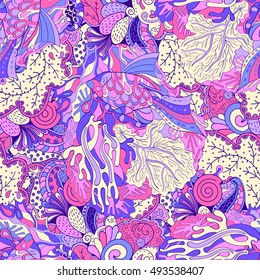 Tracery seamless calming pattern. Mehndi design. Ethnic colorful doodle texture. Curved doodling background. Vector.