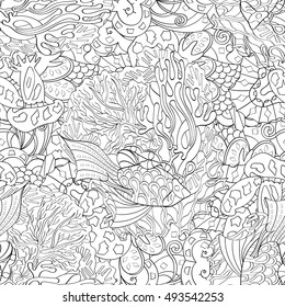 Tracery seamless calming pattern. Mehndi design. Ethnic monochrome binary doodle texture. Curved doodling black and white background. Vector.