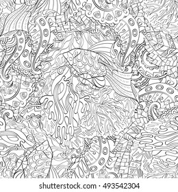 Tracery seamless calming pattern. Mehndi design. Ethnic monochrome binary doodle texture. Curved doodling black and white background. Vector.