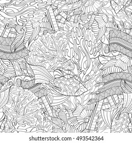 Tracery seamless calming pattern. Mehndi design. Ethnic monochrome binary doodle texture. Curved doodling black and white background. Vector.