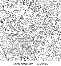 Tracery seamless calming pattern. Mehndi design. Ethnic monochrome binary doodle texture. Curved doodling black and white background. Vector.