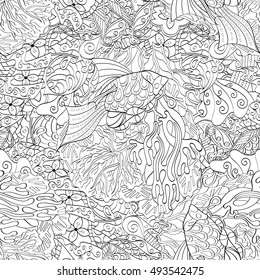 Tracery seamless calming pattern. Mehndi design. Ethnic monochrome binary doodle texture. Curved doodling black and white background. Vector.