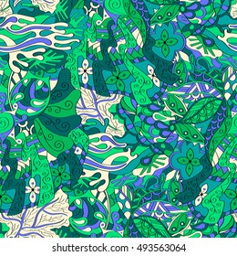 Tracery seamless calming pattern. Mehndi design. Ethnic colorful doodle texture. Curved doodling background. Vector.