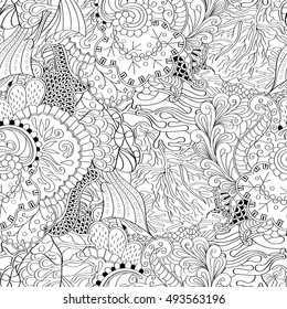 Tracery seamless calming pattern. Mehndi design. Ethnic monochrome binary doodle texture. Curved doodling black and white background. Vector.